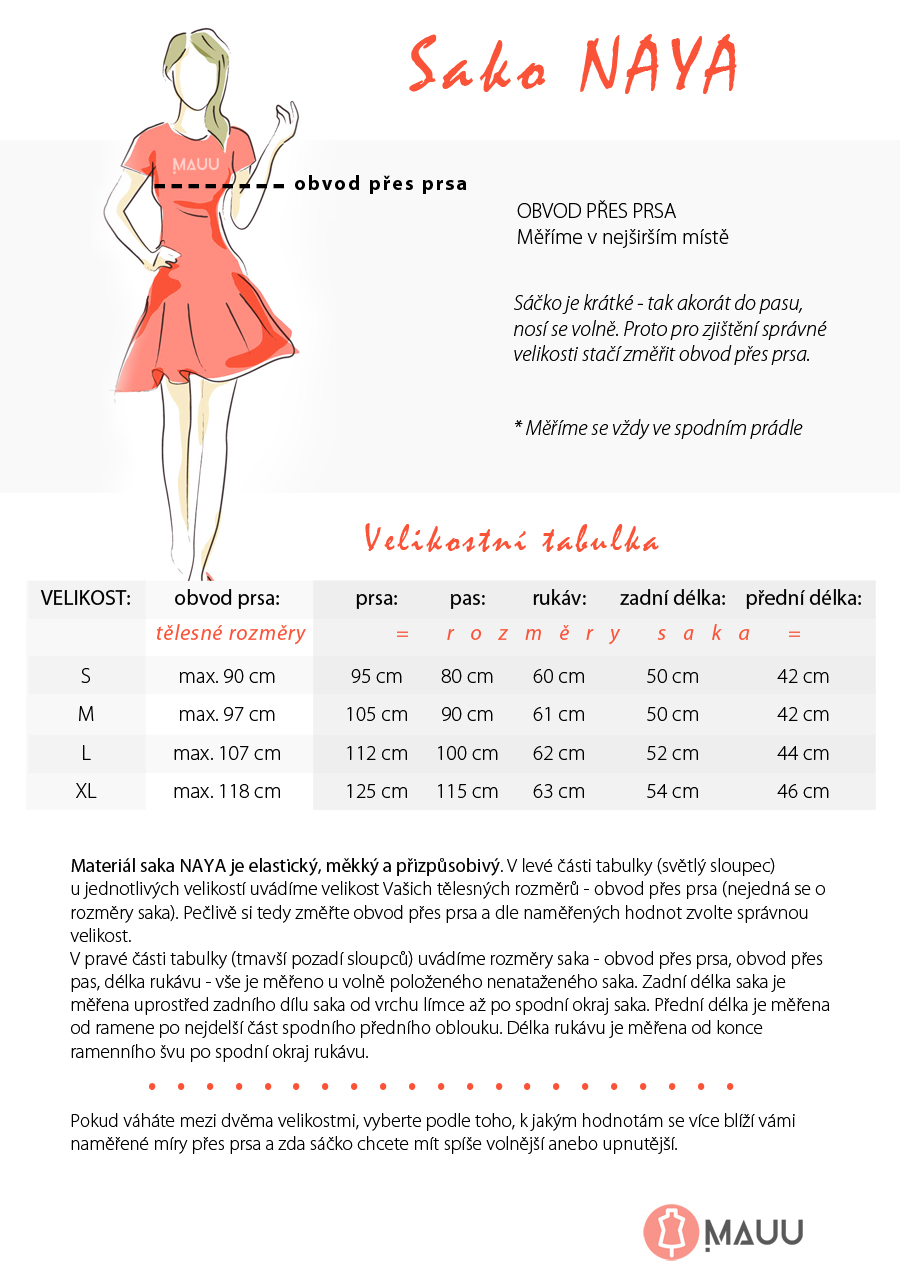 Velikostní tabulka sako NAYA